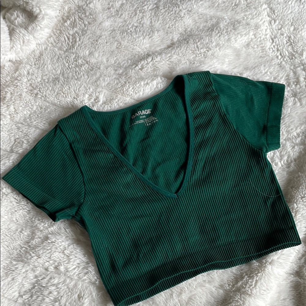 Garage Green Ribbed V-Neck Crop Top XS